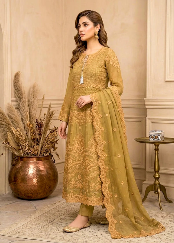 Olive Green Embroidered Flared Maxi with Trousers & Dupatta