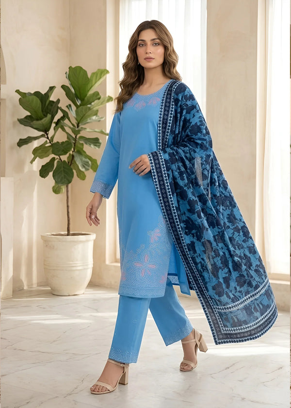 Steel Blue Embroidered Lawn 3-Piece Kurta Set