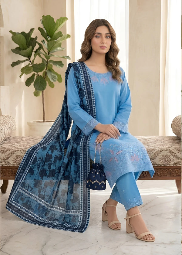 Steel Blue Embroidered Lawn 3-Piece Kurta Set
