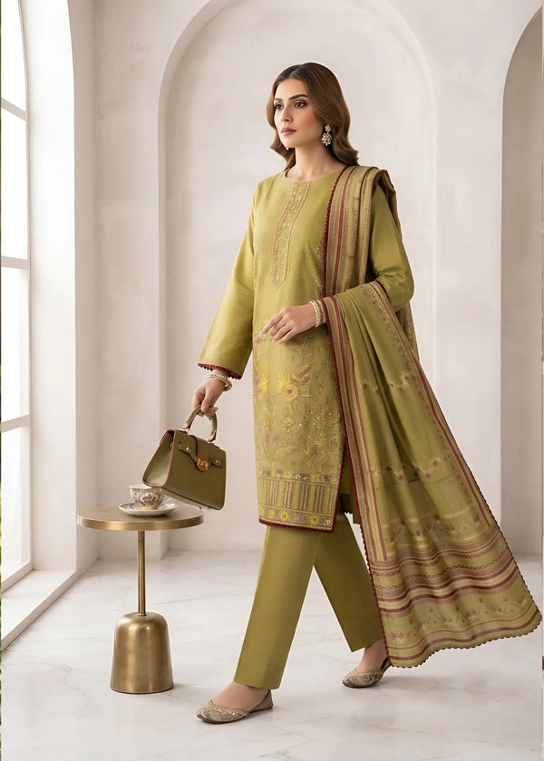 Embroidered Olive Green Lawn Kurta Set with Printed Dupatta