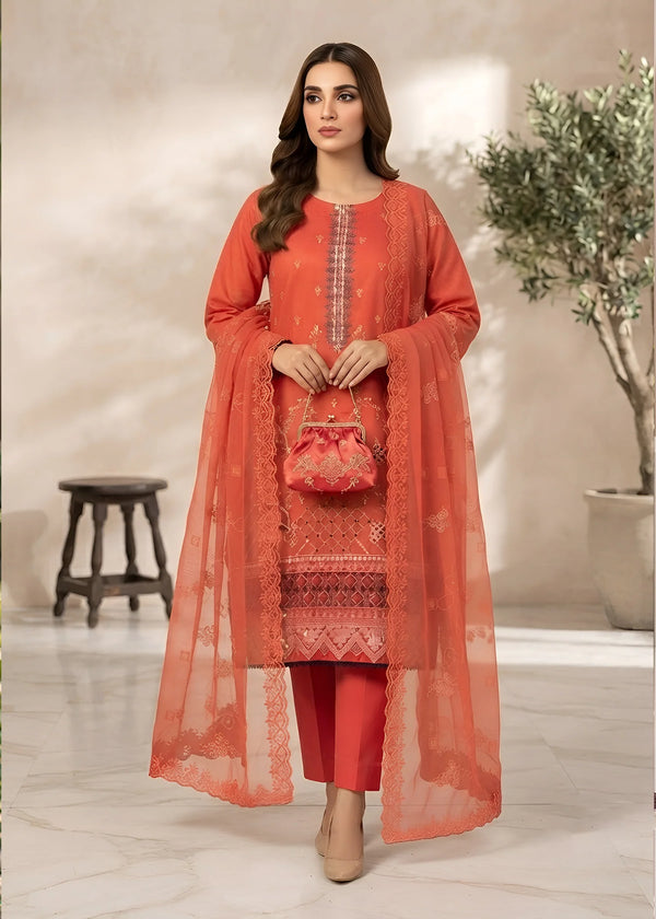 Coral Orange Embroidered Cambric Kurta Set with Dupatta