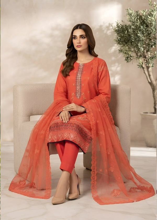 Coral Orange Embroidered Cambric Kurta Set with Dupatta