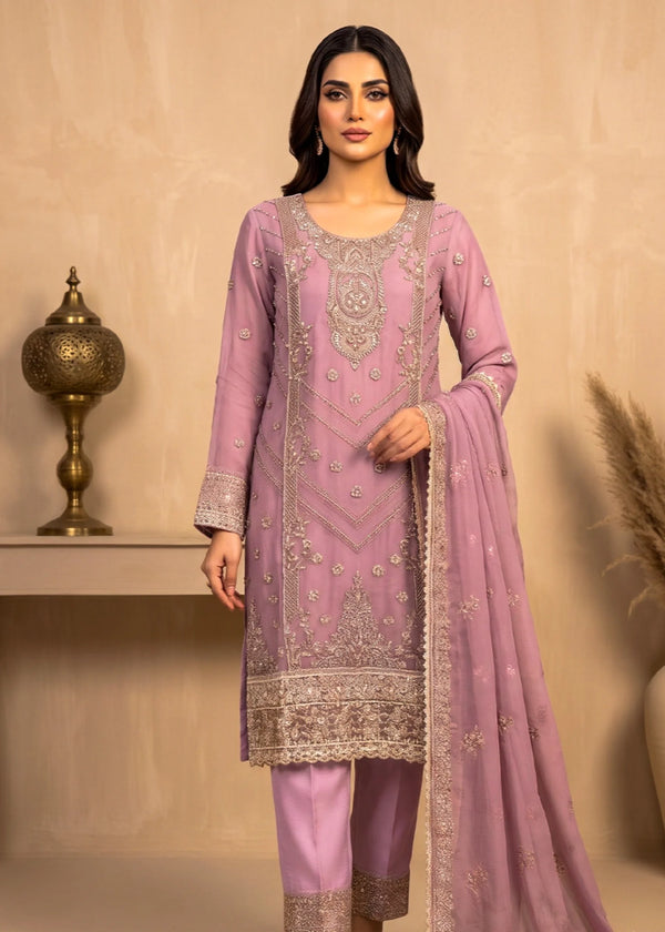 Lavender Embroidered Chiffon Kurta Set with Dupatta and Straight Trouser