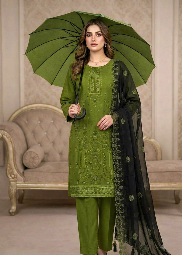 Elegant Olive Green Embroidered Kurta Set with Navy Blue Chiffon Dupatta