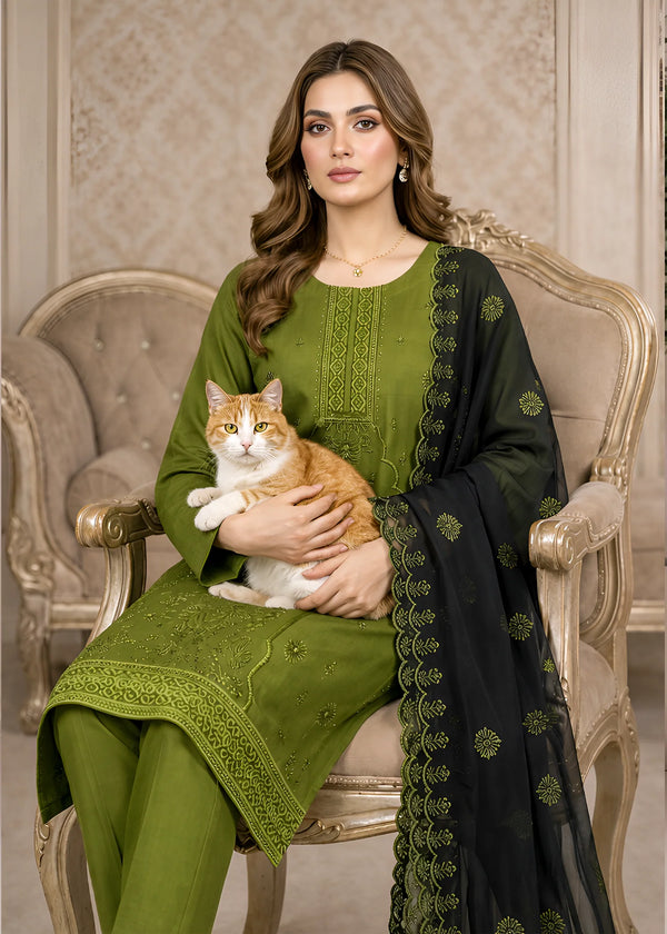 Elegant Olive Green Embroidered Kurta Set with Navy Blue Chiffon Dupatta
