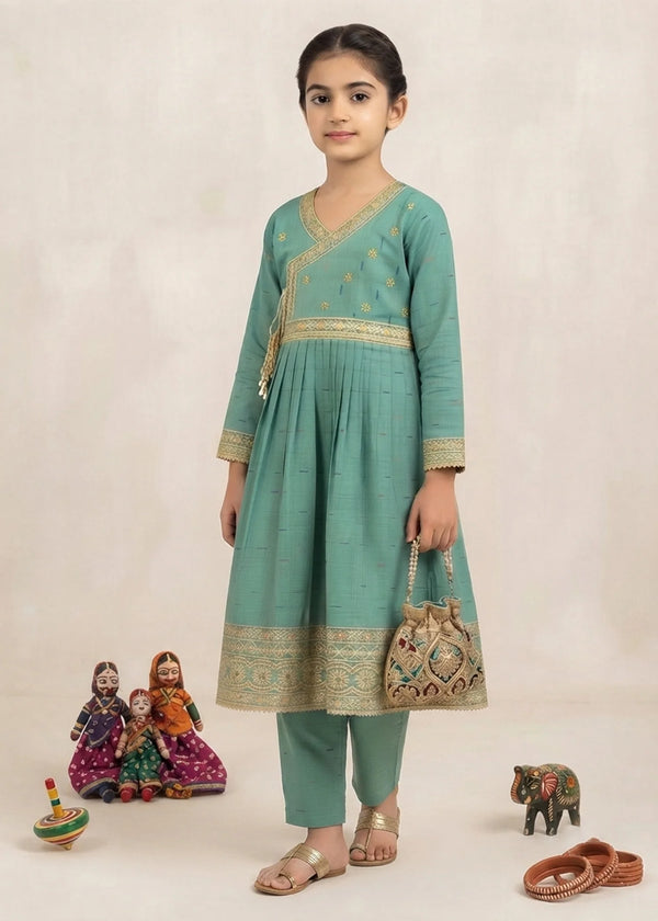Charming Moss Green Embroidered Angrakhawith Trousers