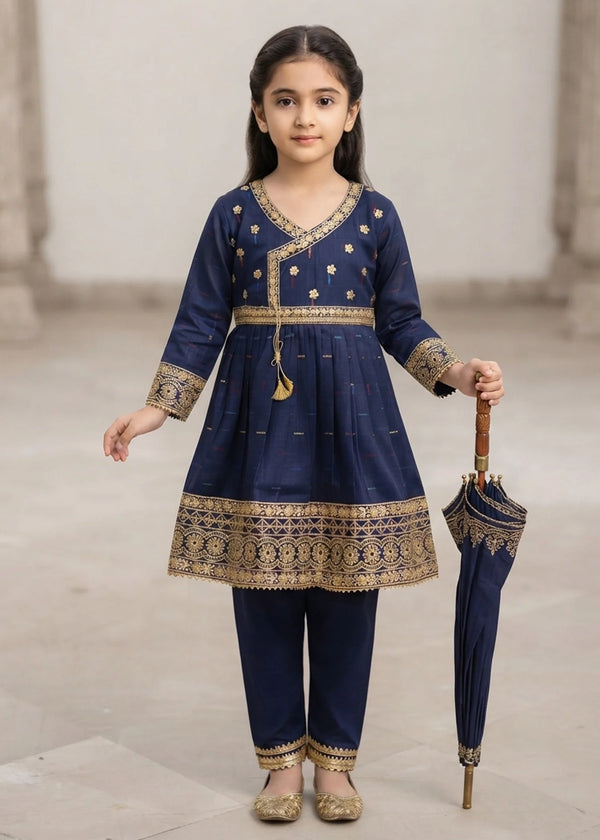Girls Navy Blue Embroidered Angrathawith Trousers
