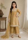 Kids Golden Brown Raw Silk Embroidered Kurta Set with Dupatta