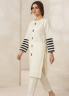 Stylish Off White Cotton Kurta Set with Striped Sleeves