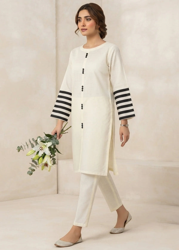 Stylish Off White Cotton Kurta Set with Striped Sleeves