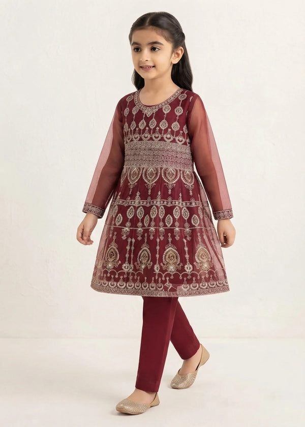 Girls Maroon Embroidered Flared Short Frock with Trousers