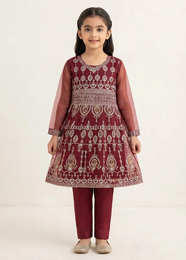 Girls Maroon Embroidered Flared Short Frock with Trousers