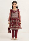 Girls Maroon Embroidered Flared Short Frock with Trousers