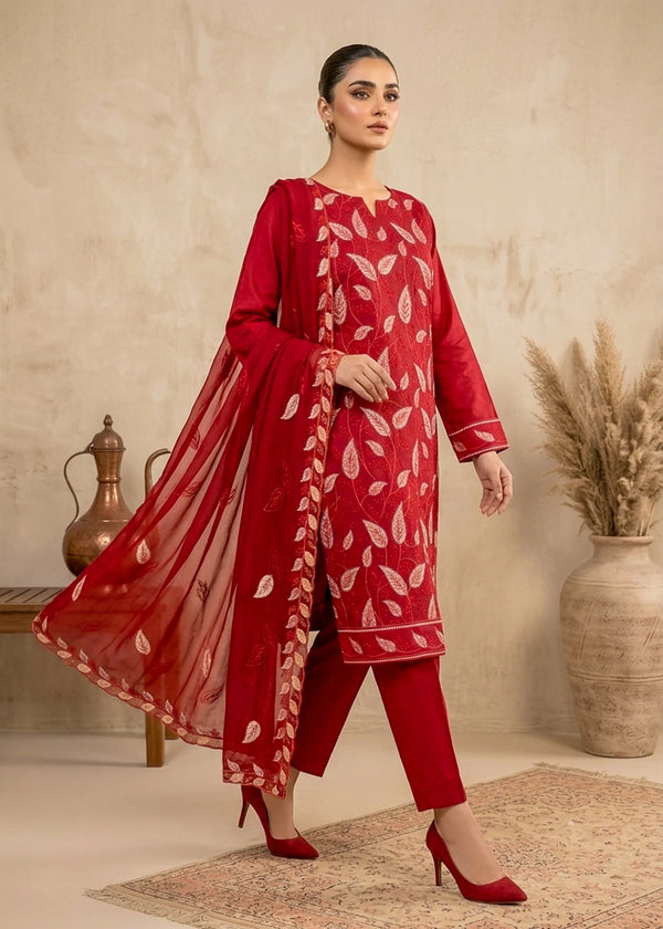 Red Embroidered Cotton Kurta Set with Chiffon Dupatta