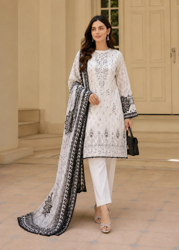 White & Black Printed Lawn Kurta Set with Dupatta