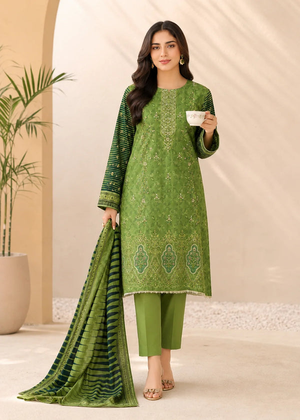 Lawn Green Embroidered Kurta Set with Printed Dupatta
