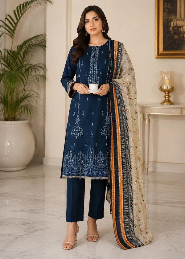 Navy Blue Embroidered Kurta Set with Printed Dupatta