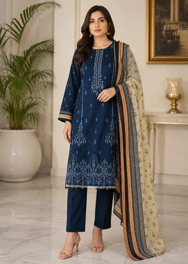 Navy Blue Embroidered Kurta Set with Printed Dupatta