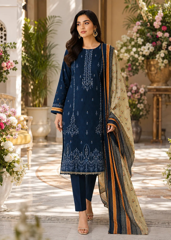 Navy Blue Embroidered Kurta Set with Printed Dupatta