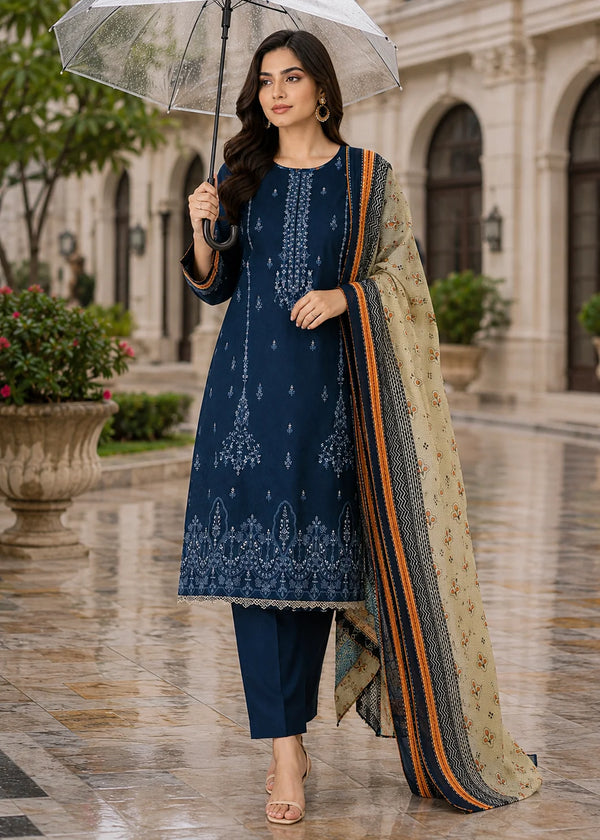 Navy Blue Embroidered Kurta Set with Printed Dupatta