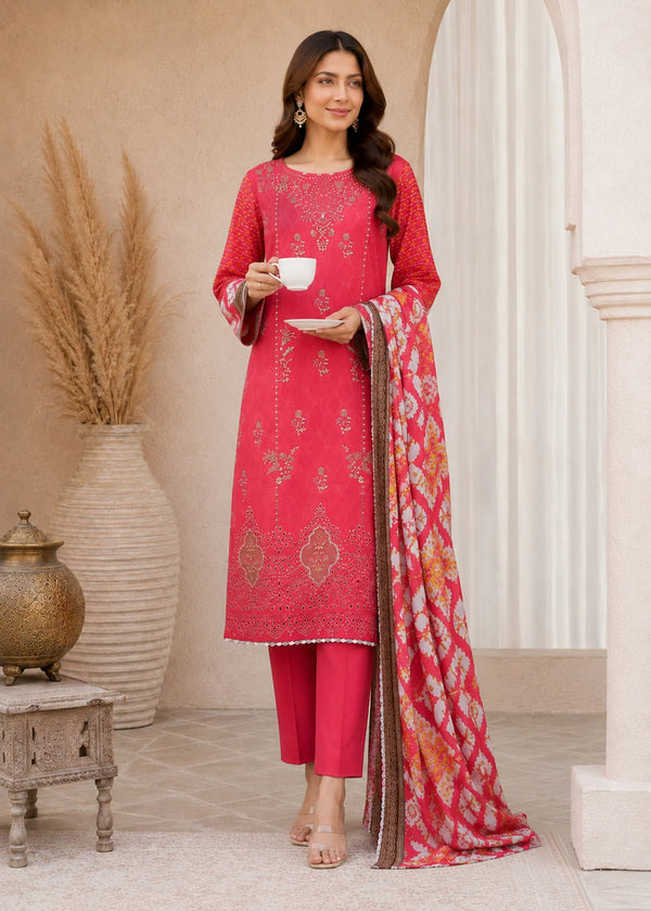 Crimson Embroidered Lawn Kurta Set with Printed Dupatta