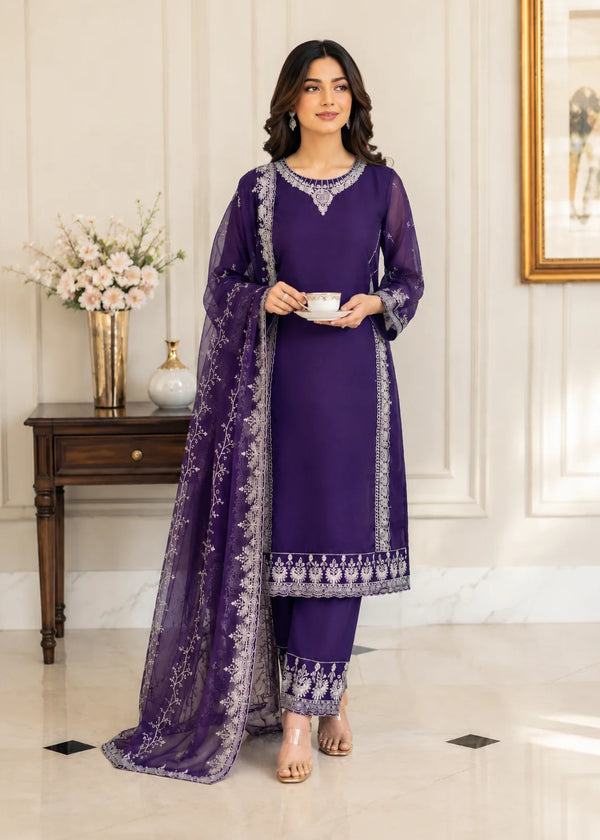 Elegant Purple Embroidered Chin ffoKurta Set with Chiffon Dupatta