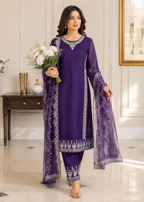 Elegant Purple Embroidered Chin ffoKurta Set with Chiffon Dupatta