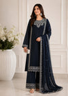 Embroidered Navy Blue Crepe Kurta Set with Chiffon Dupatta