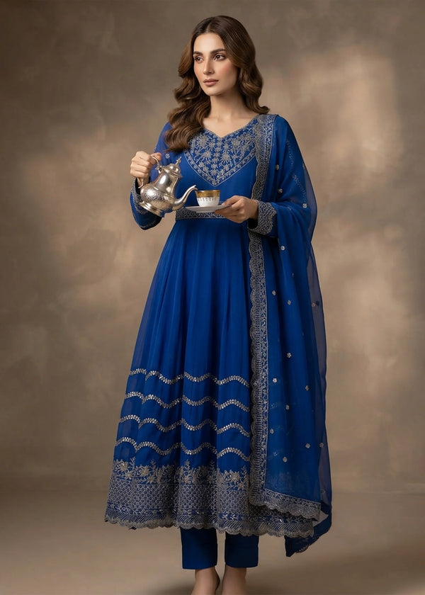 Royal Blue Embroidered Anarkali Maxi Dress with Dupatta