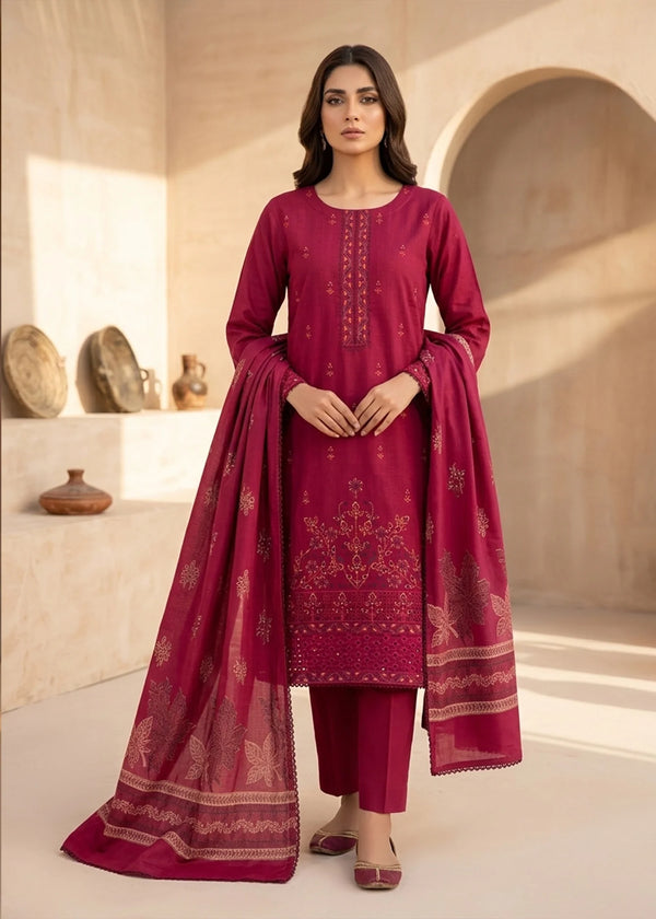 Burgundy Embroidered Cotton Kurta Set with Printed Dupatta