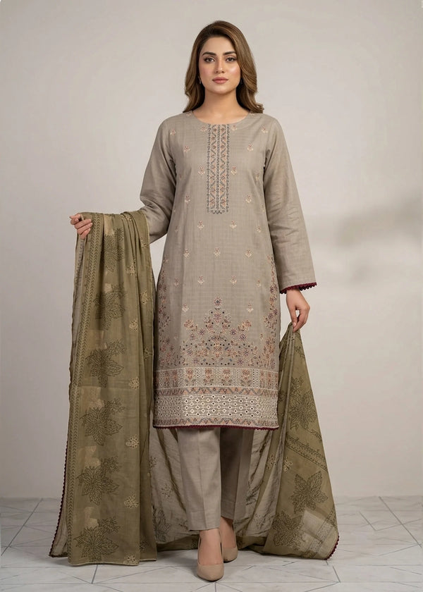 Embroidered Khaki Brown Cotton Kurta Set with Printed Lawn Dupatta