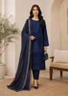 Navy Blue Embroidered Lawn Kurta Set with Striped Dupatta