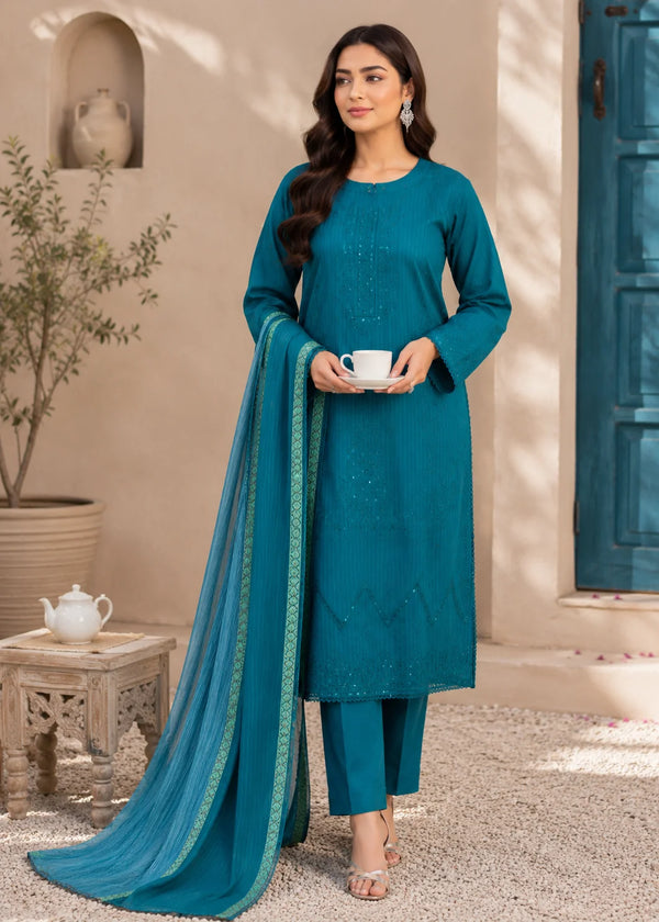 Elegant Teal Embroidered Kurta Set with Cotton Voile Dupatta