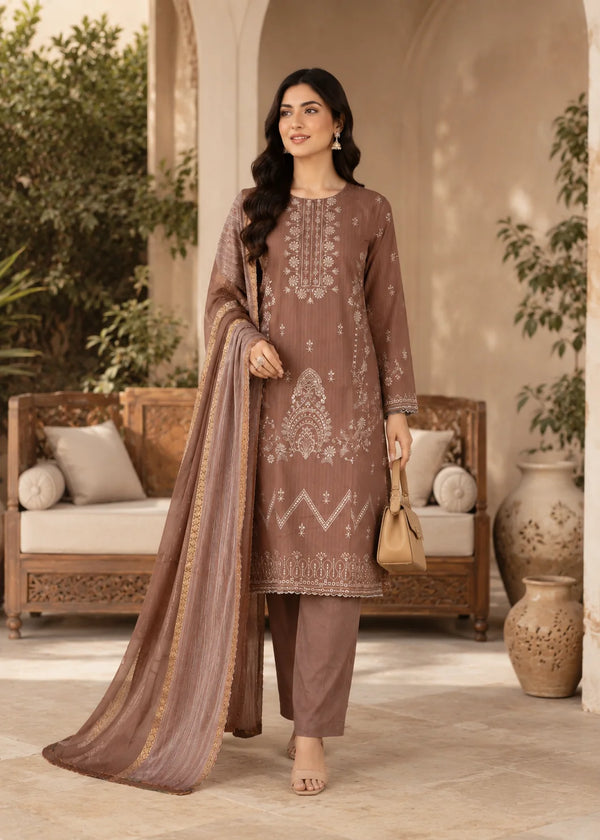 Embroidered Coffee Brown Cotton Kurta Set with Dupatta