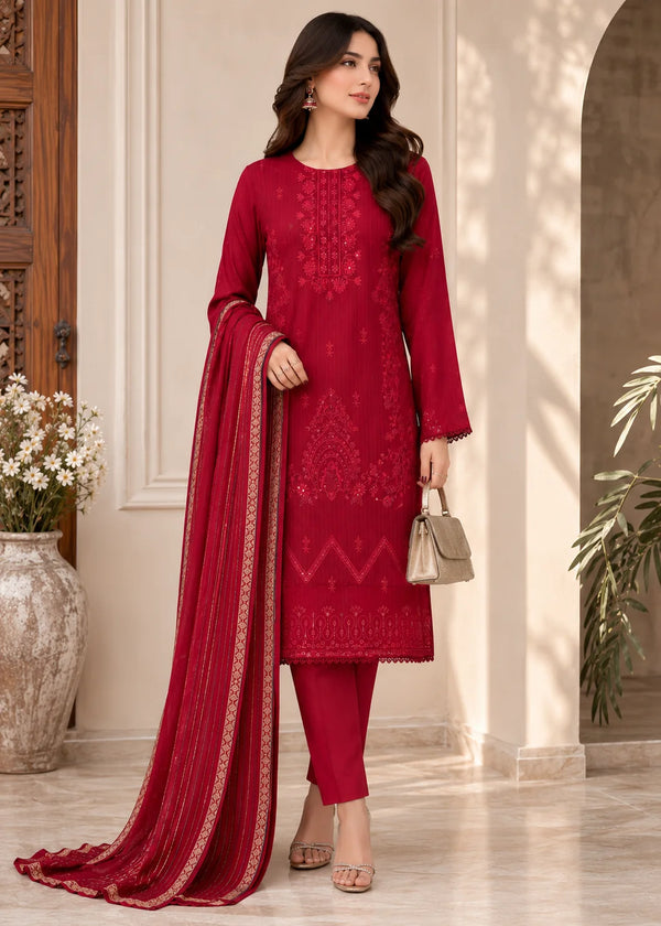 Maroon Embroidered Cotton Kurta Set with Lawn Dupatta