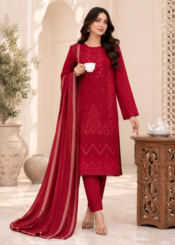 Maroon Embroidered Cotton Kurta Set with Lawn Dupatta