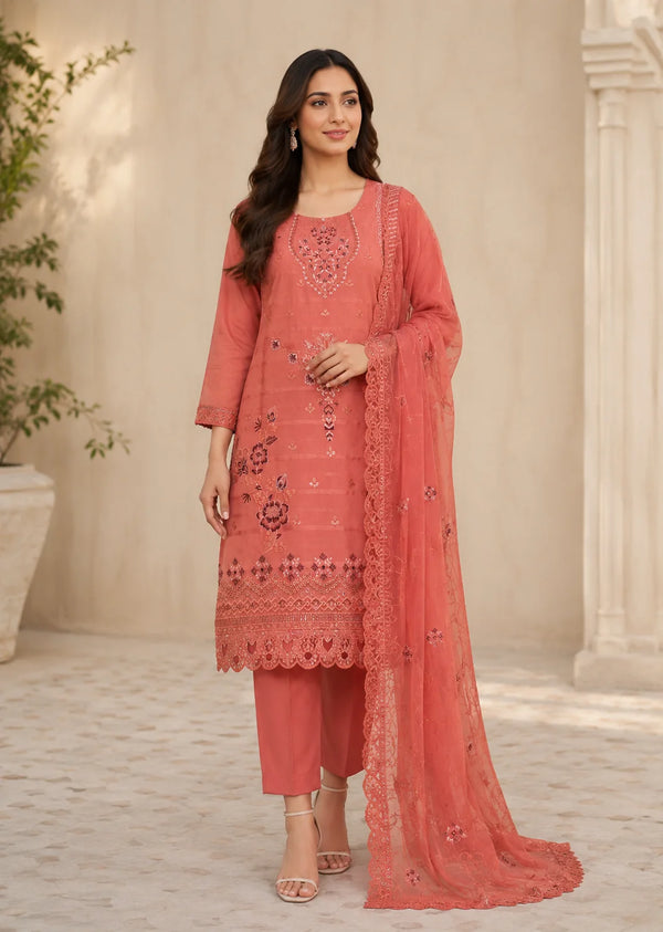 Coral Orange Embroidered Cambric Kurta Set with Chiffon Dupatta