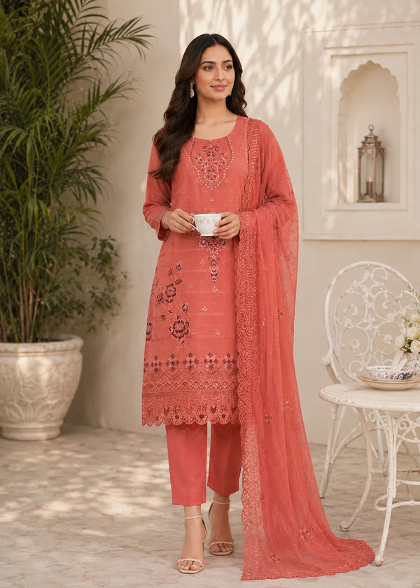 Coral Orange Embroidered Cambric Kurta Set with Chiffon Dupatta