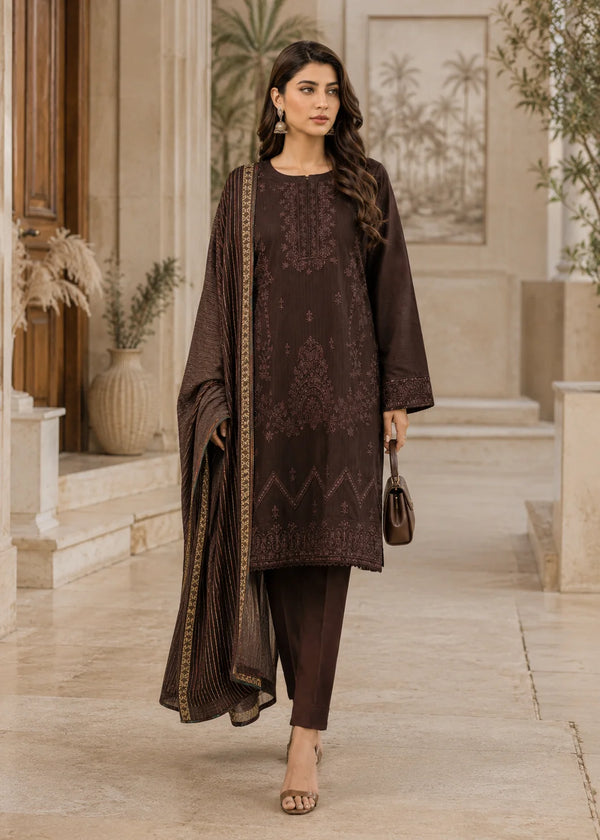 Dark Brown Embroidered Cotton Kurta Set with Striped Lawn Dupatta
