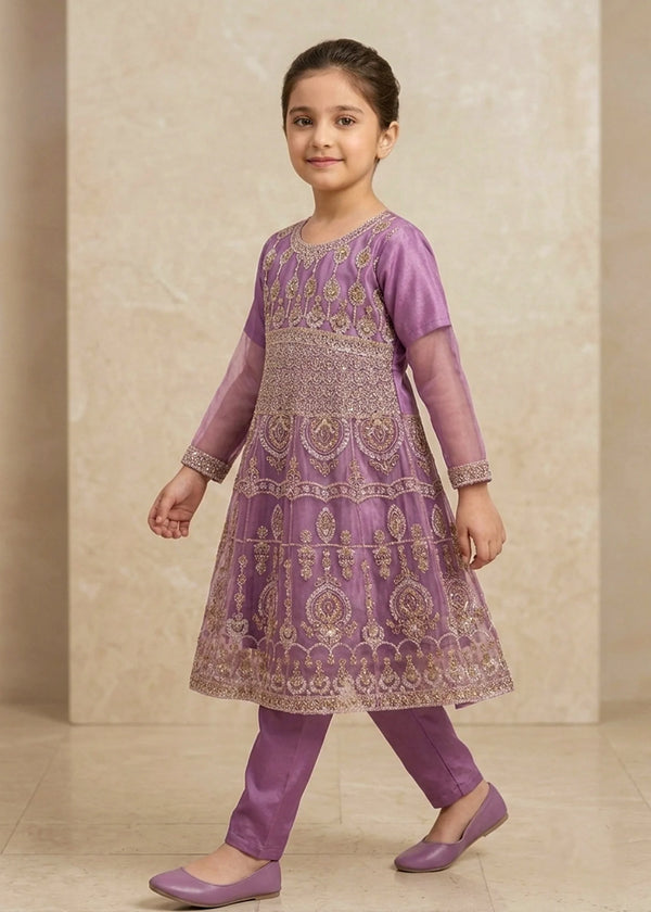 Girls Lavender Embroidered Organza Flared Short Frock with Raw Silk Trousers