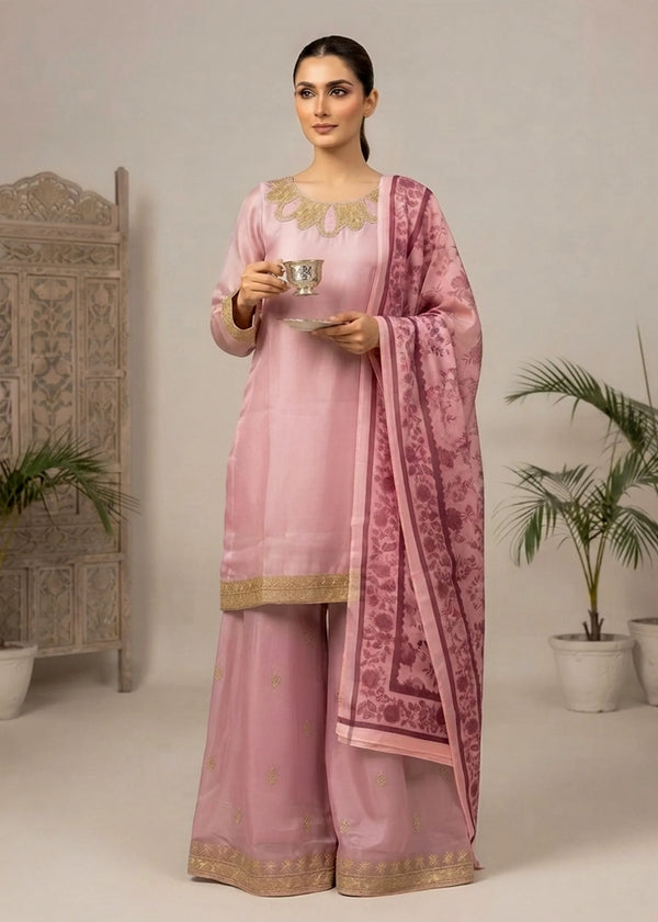 Blush Royale – Pastel Pink Luxury Embroidered Silk 3PC Dress with Net Printed Dupatta