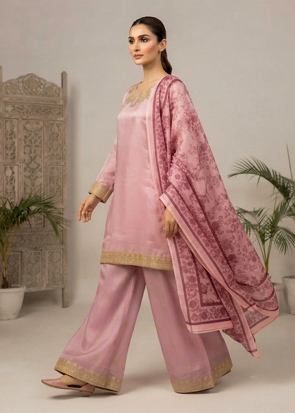 Blush Royale – Pastel Pink Luxury Embroidered Silk 3PC Dress with Net Printed Dupatta
