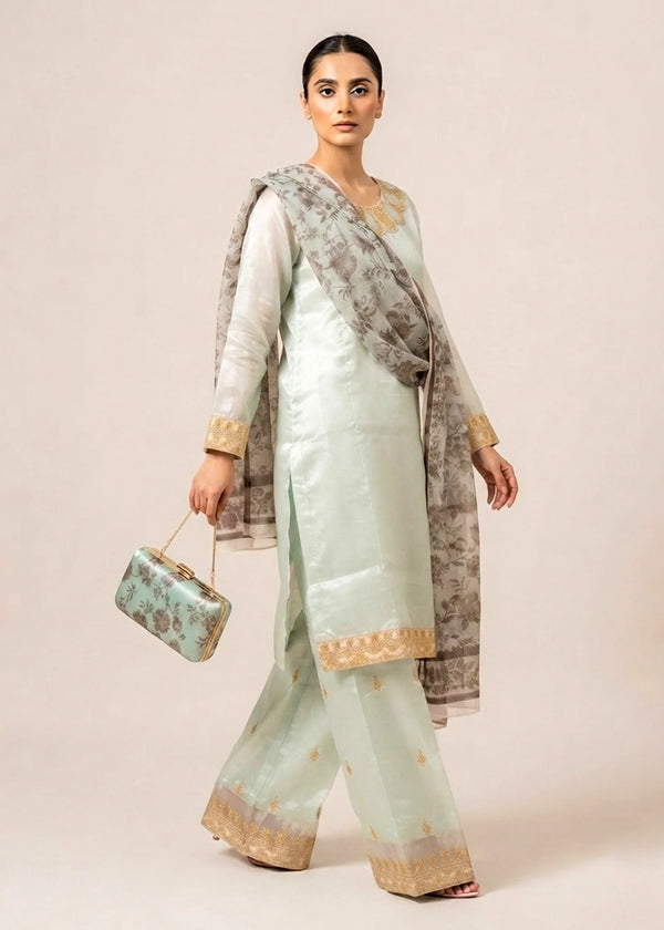 Pastel Grey Luxury Embroidered Silk 3PC Dress