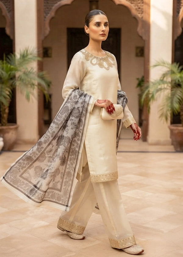 Cream Embroidered Raw Silk Kurta Set with Printed Dupatta