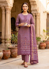 Elegant Embroidered Mauve Cotton Kurta Set with Dupatta