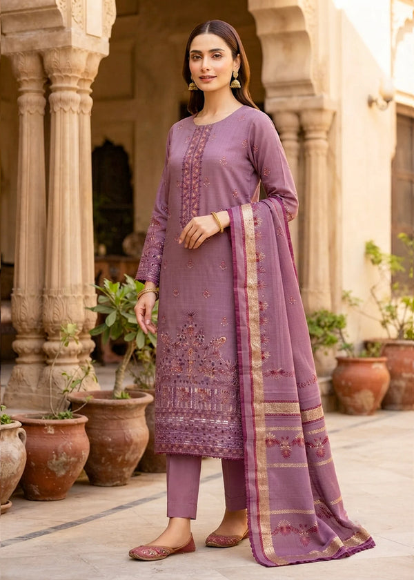 Elegant Embroidered Mauve Cotton Kurta Set with Dupatta