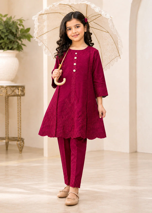Girls Maroon EmbroideredShort Frock with Trousers