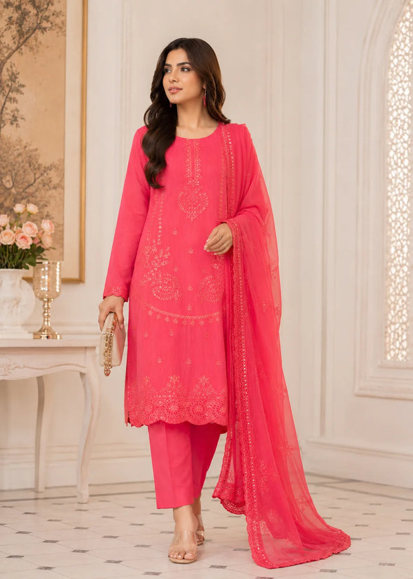 Coral Orange Embroidered Cotton Kurta Set with Chiffon Dupatta