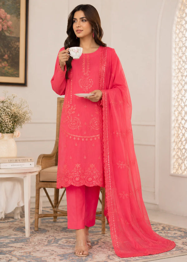 Coral Orange Embroidered Cotton Kurta Set with Chiffon Dupatta