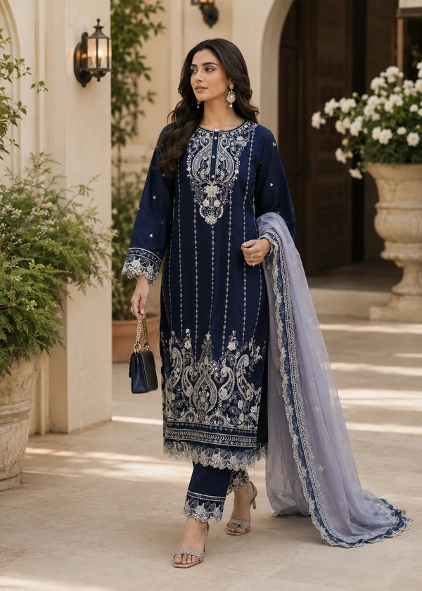 Blue Chiffon Embroidered Kurta Set – 3 PC